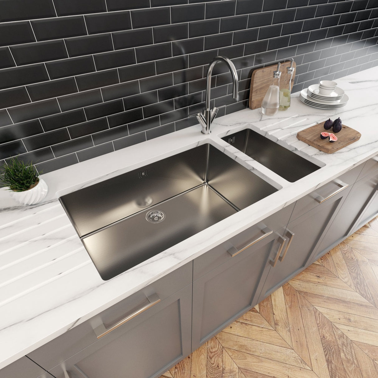 Astini Serena 1.5 Bowl Stainless Steel Undermount Kitchen Sink & Waste 4020+7040