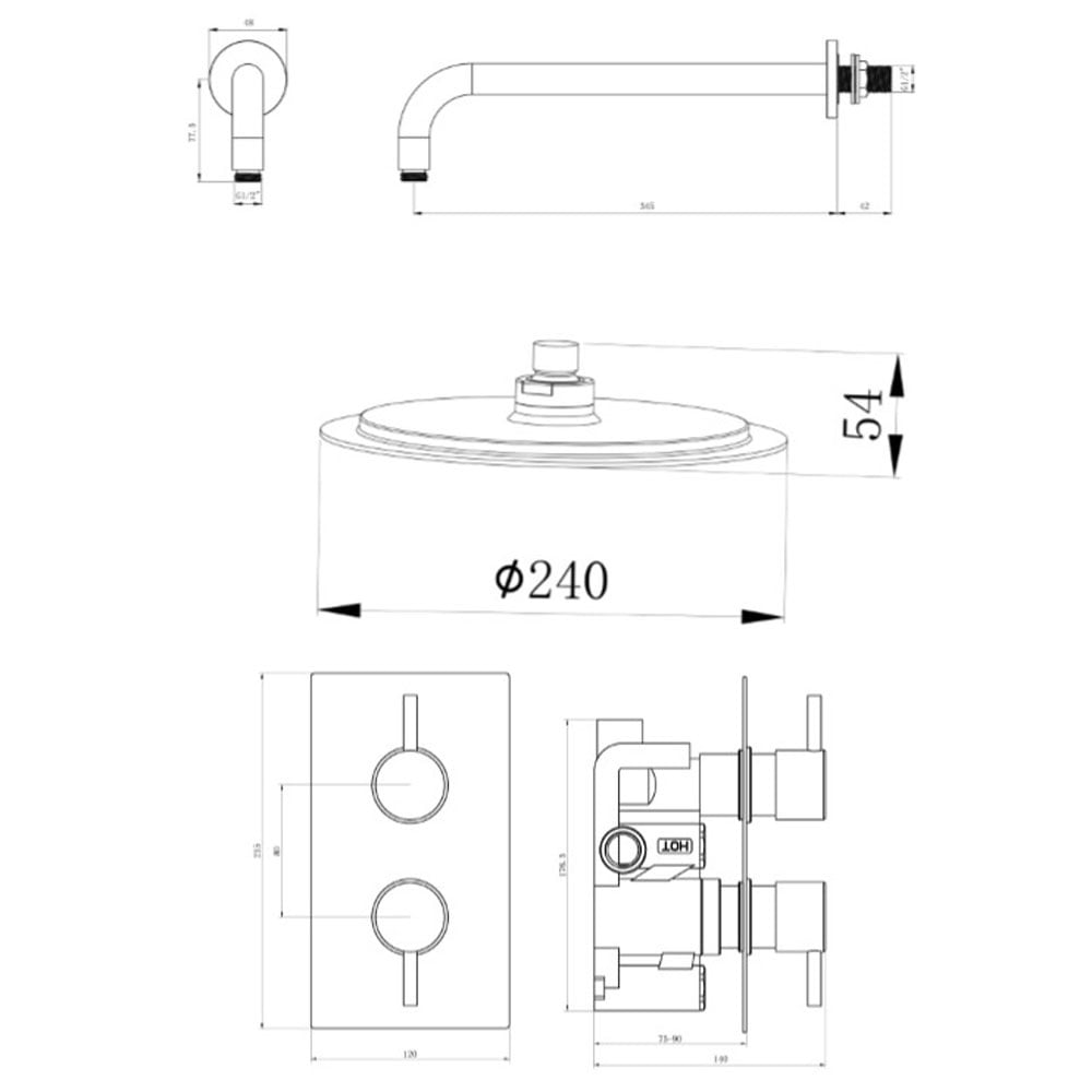 Astini Chrome Round Concealed Thermostatic Shower Valve, Head & Wall Arm TIS0009
