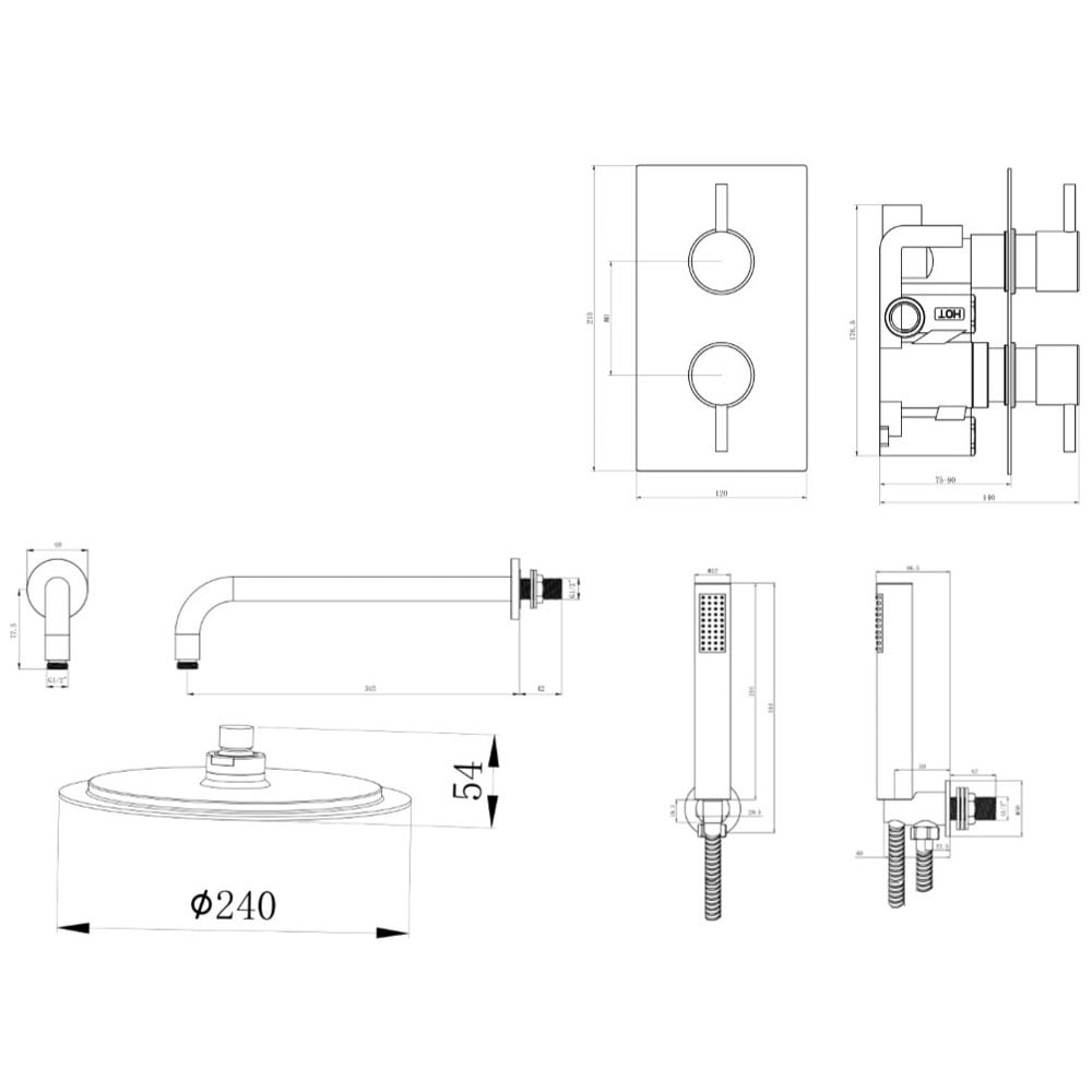 Astini Chrome Round Concealed Thermostatic Shower Valve, Head & Wall Arm TIS0011