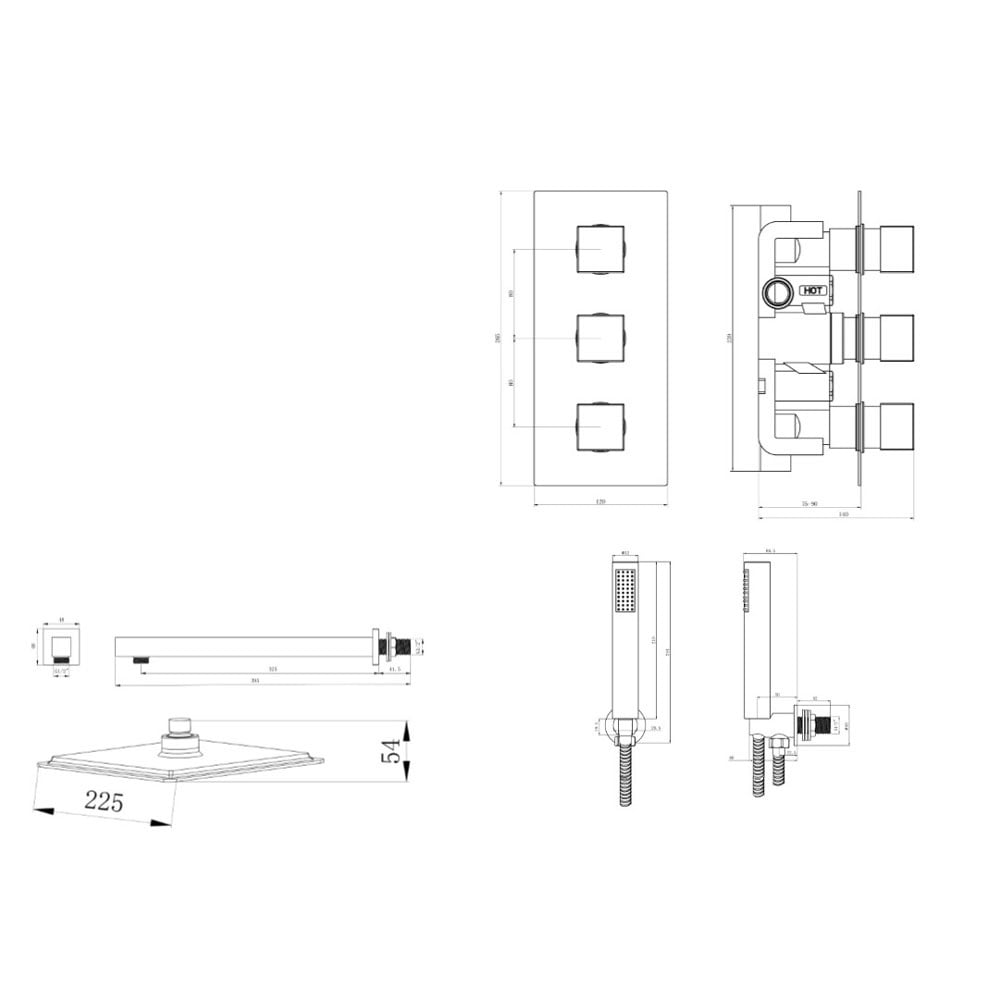 Astini Chrome Square Concealed Thermostatic Shower Valve, Head & Wall Arm