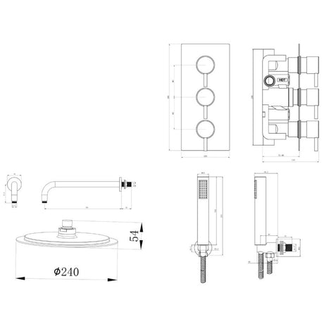 Astini Chrome Round Concealed Thermostatic Shower Valve, Head & Wall Arm