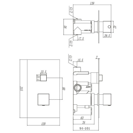 Astini Chrome Square Thermostatic Concealed 1 Outlet Push Button Shower Valve
