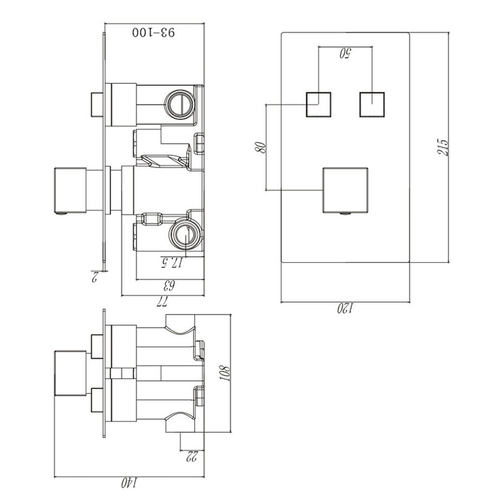 Astini Chrome Square Thermostatic Concealed 2 Outlet Push Button Shower Valve