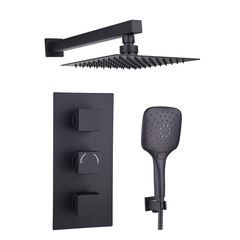 Astini Orca Black Square Concealed Thermostatic 3 Handle 2 Way Shower Valve Kit