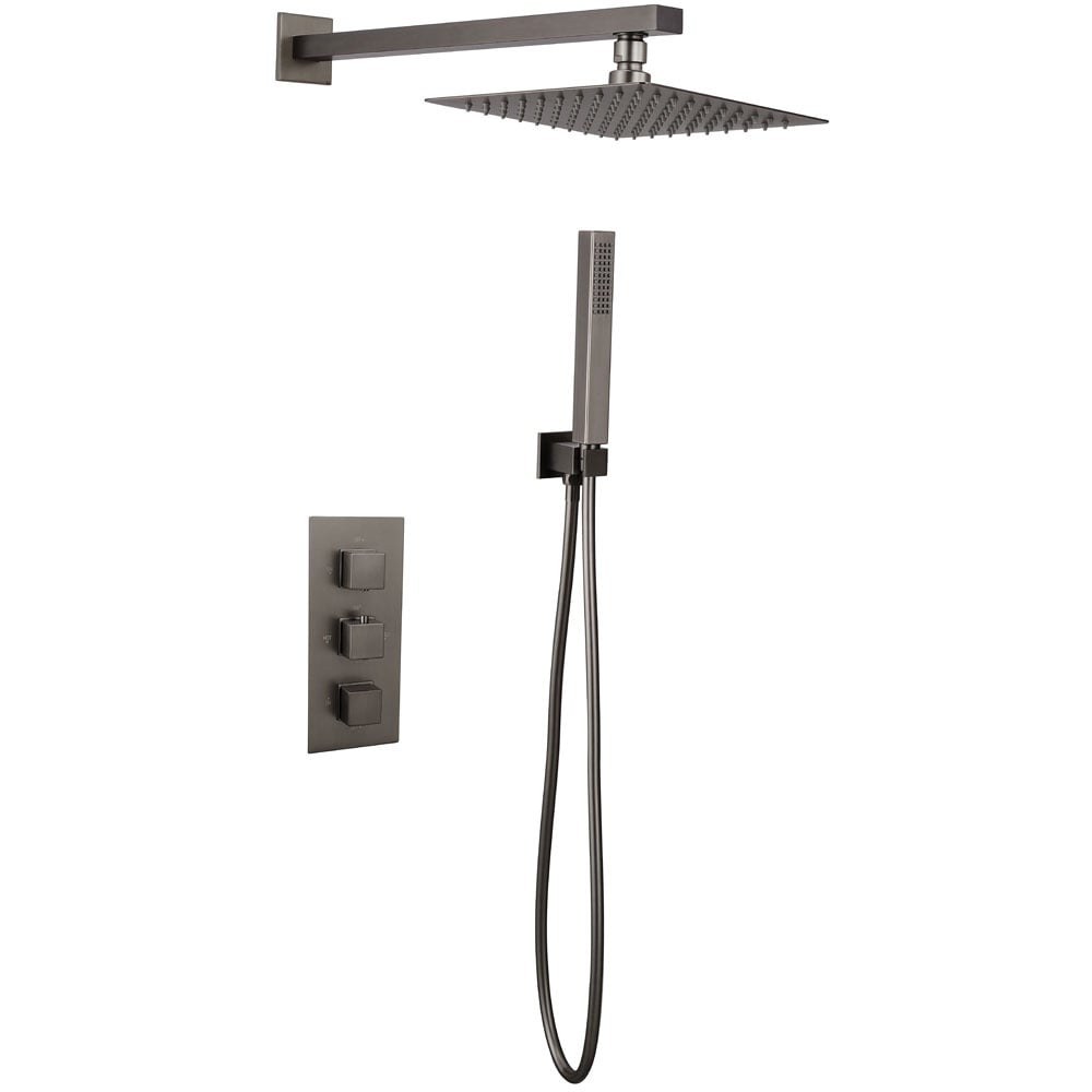 Astini Gunmetal Square Concealed Thermostatic 3 Handle 2 Outlet Shower Kit