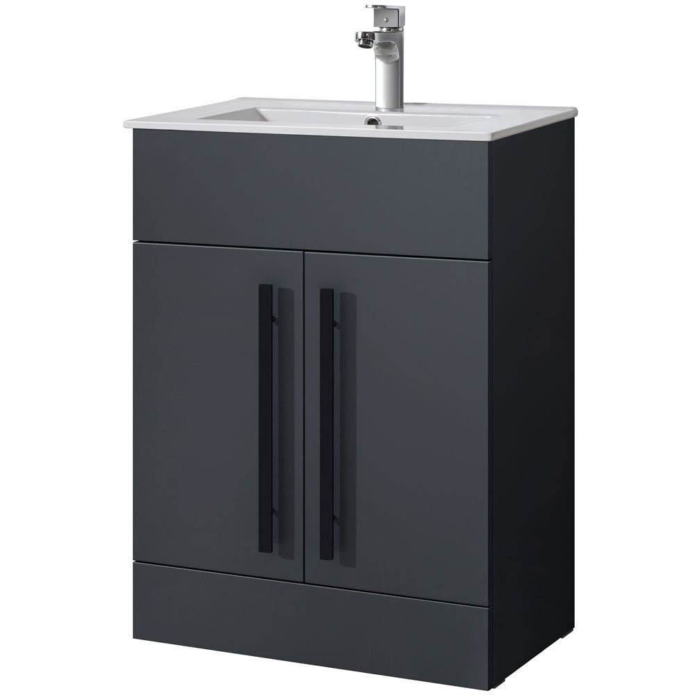 Astini Sorrento Shadow Grey 2 Door 600mm Vanity Unit & Basin - Black Handles