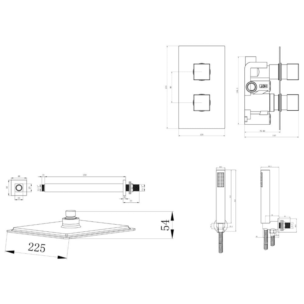 Astini Chrome Square Concealed Thermostatic Shower Valve, Head & Ceiling Arm TIS0010C