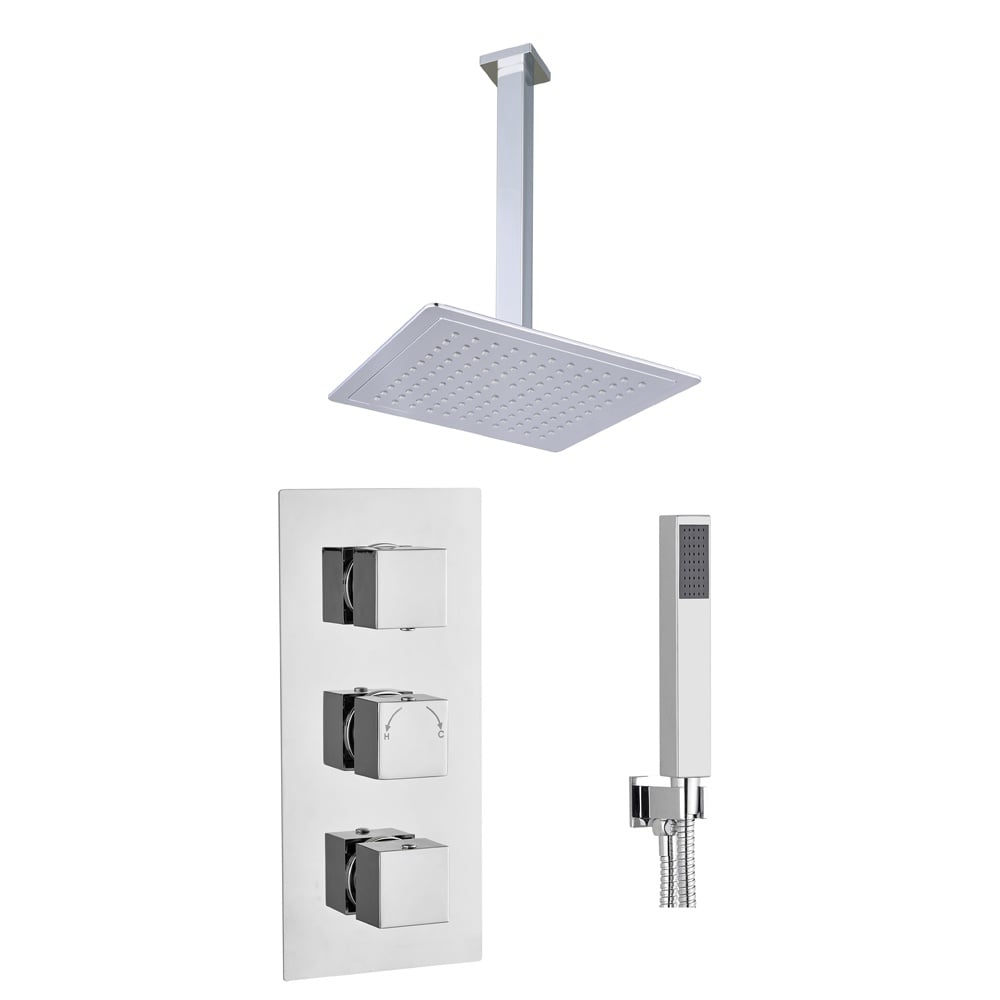 Astini Chrome Square Concealed Thermostatic Shower Valve, Head & Ceiling Arm
