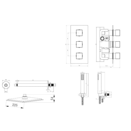 Astini Chrome Square Concealed Thermostatic Shower Valve, Head & Ceiling Arm