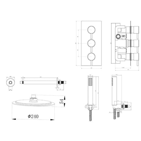 Astini Chrome Round Concealed Thermostatic Shower Valve, Head & Ceiling Arm