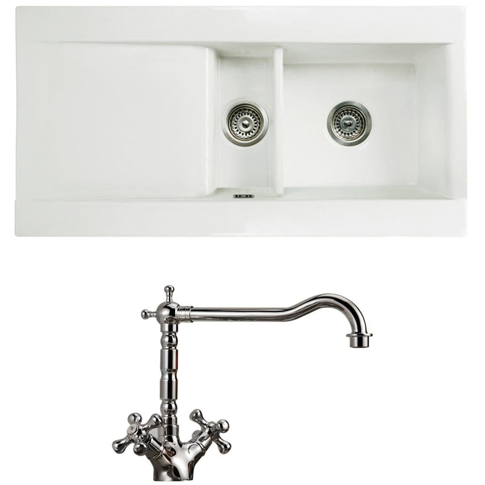 Astini Desire 150 1.5 Bowl Gloss White Ceramic Kitchen Sink, Waste & Traditional 25411CH Tap