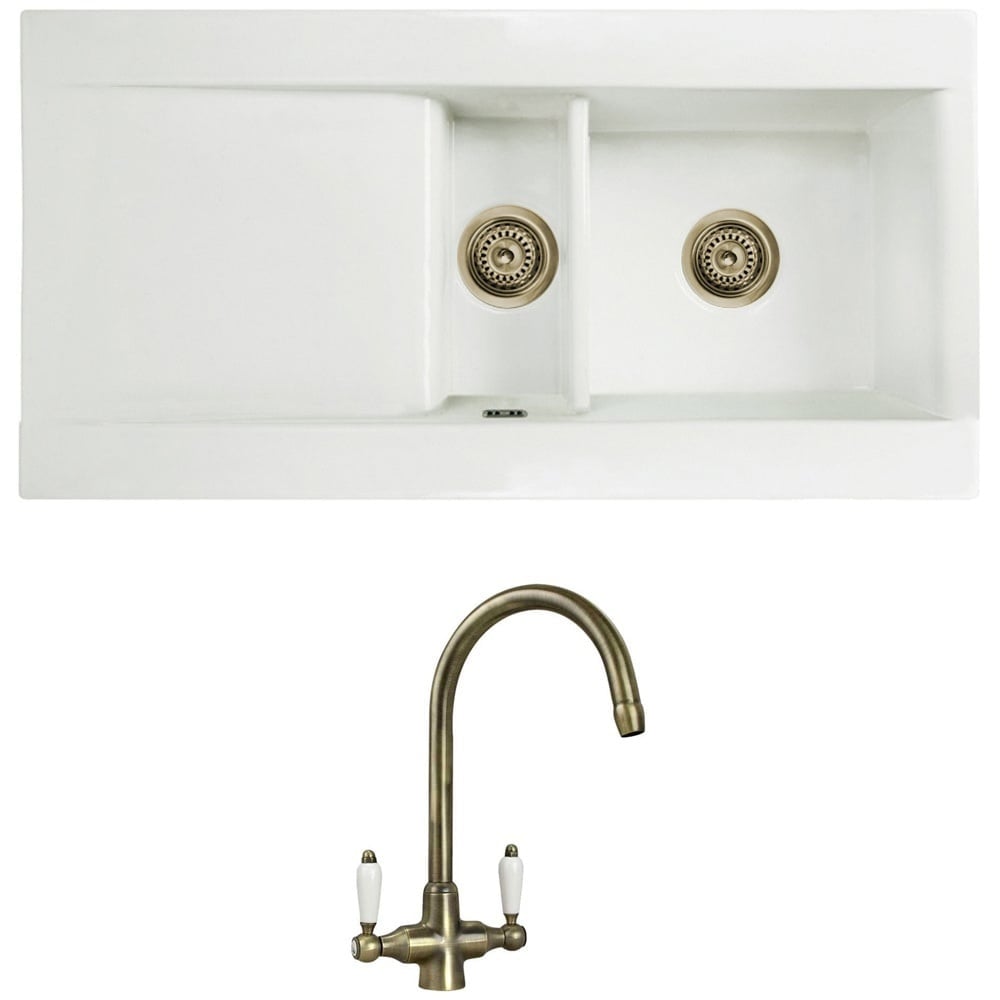 Astini Desire 1.5 Bowl White Ceramic Kitchen Sink with Waste and Colonial Tap