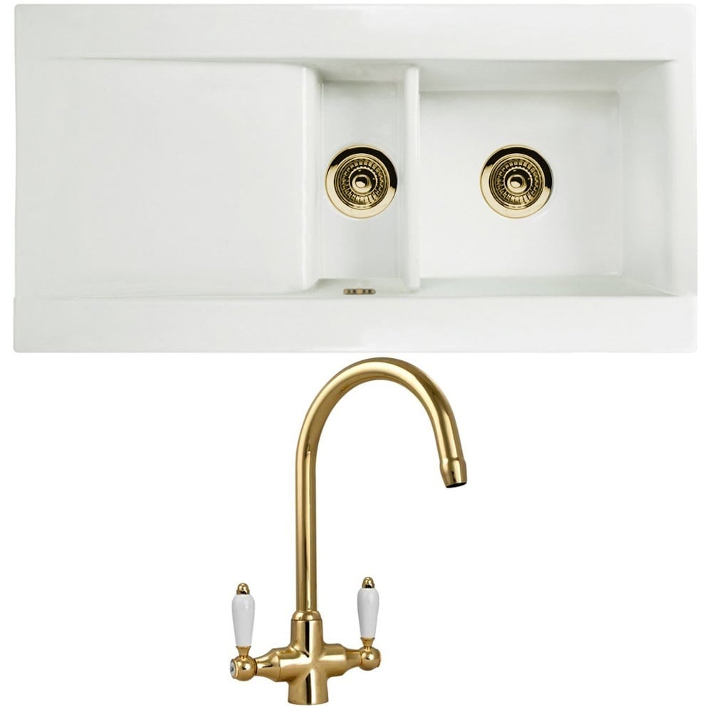 Astini Desire 1.5 Bowl White Ceramic Kitchen Sink with Waste and Colonial Tap