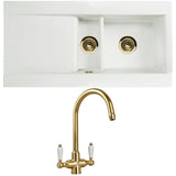 Astini Desire 1.5 Bowl White Ceramic Kitchen Sink with Waste and Colonial Tap