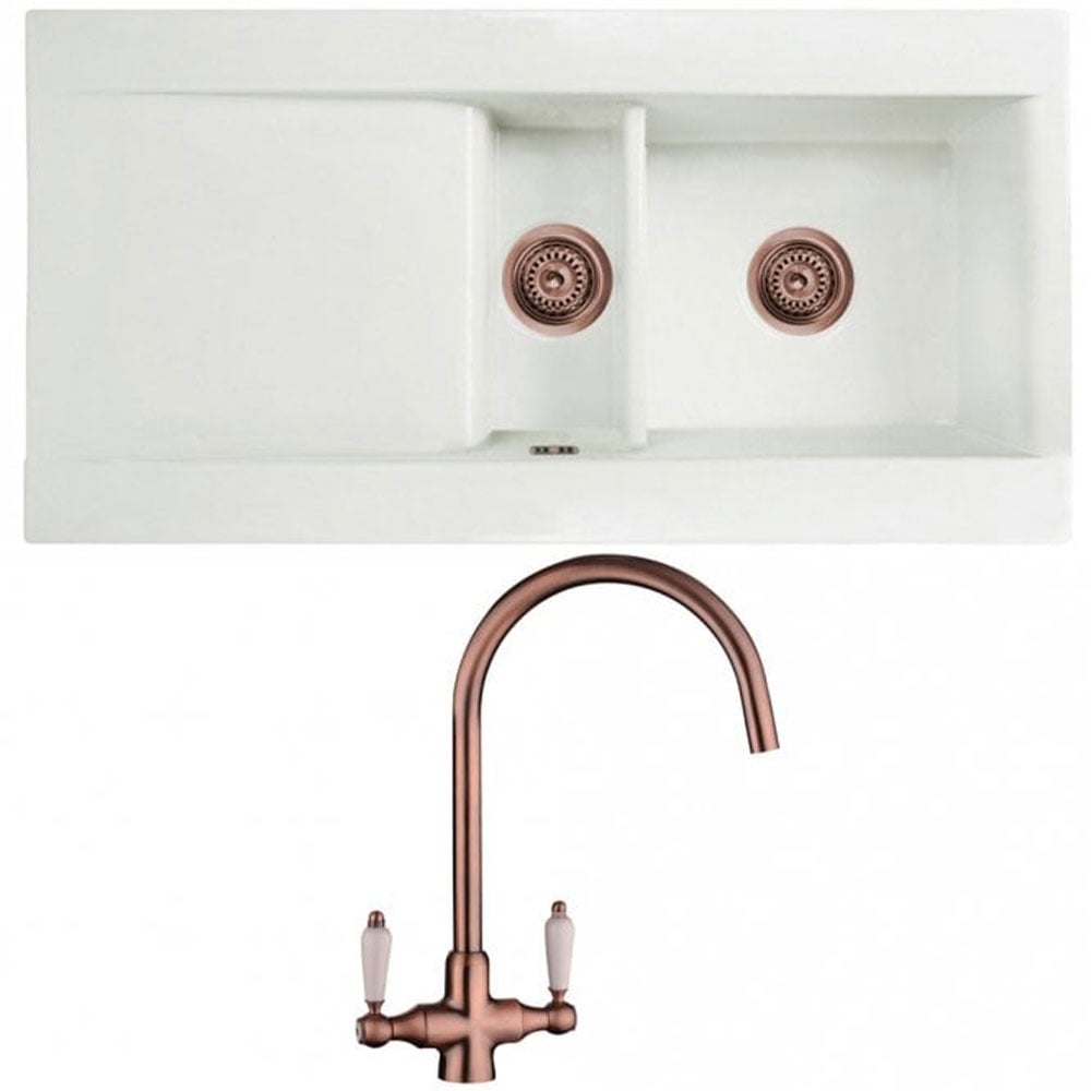 Astini Desire 1.5 Bowl White Ceramic Kitchen Sink with Waste and Colonial Tap