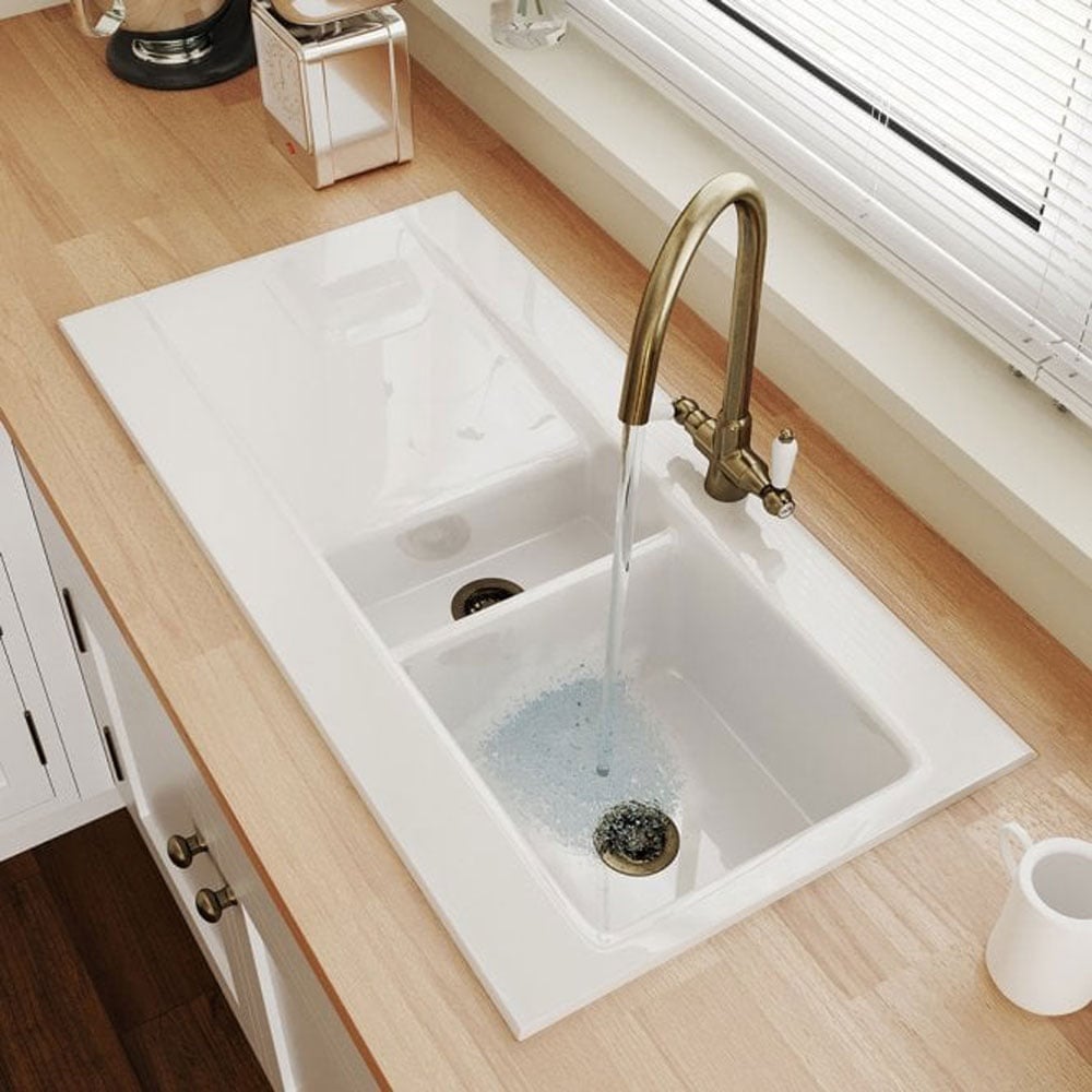 Astini Desire 1.5 Bowl White Ceramic Kitchen Sink with Waste and Colonial Tap