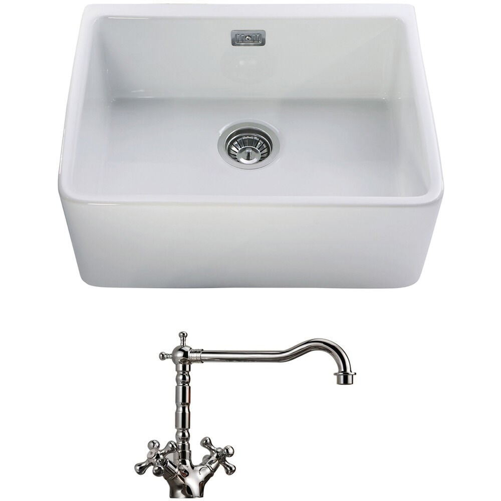 Astini Belfast 600 1.0 Bowl White Ceramic Kitchen Sink & Traditional 25411CH Tap