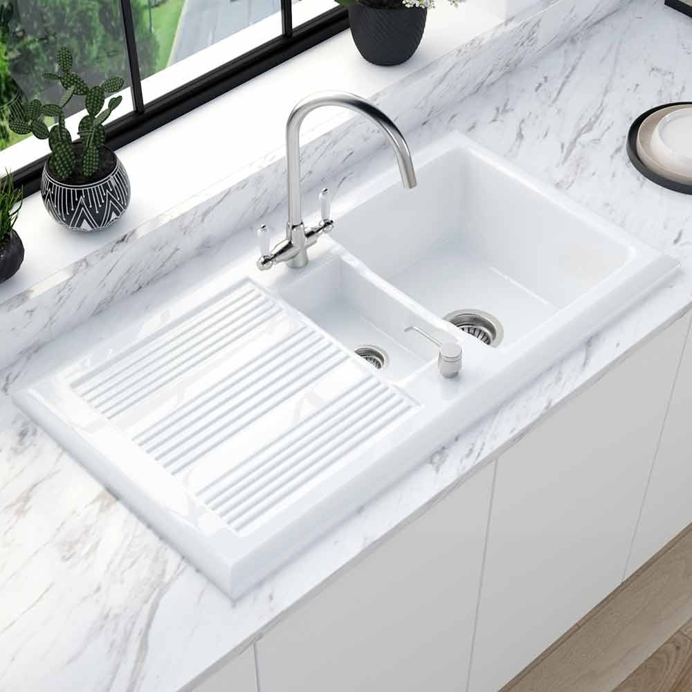 Astini Canterbury 150 1.5 Bowl Gloss White Ceramic Kitchen Sink with Waste Options