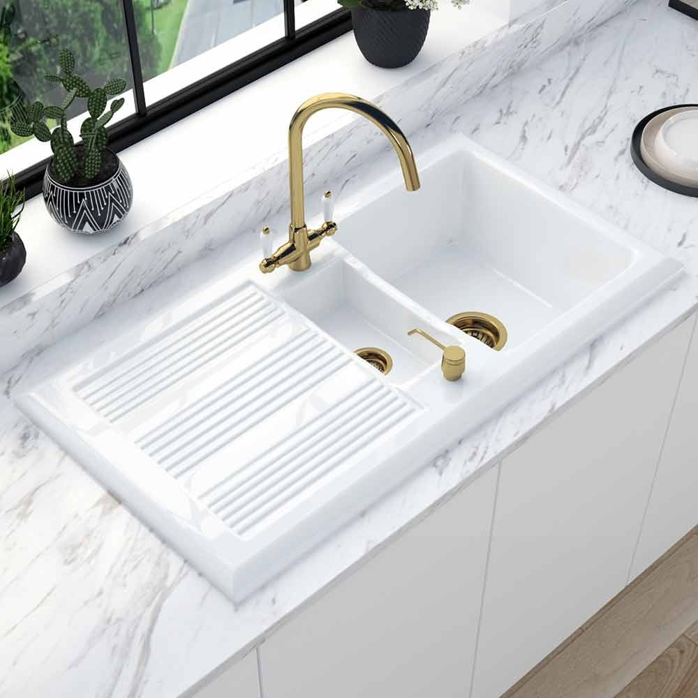 Astini Canterbury 150 1.5 Bowl Gloss White Ceramic Kitchen Sink with Waste Options