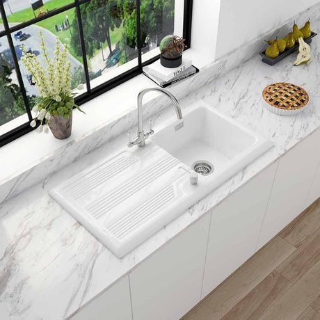 Astini Canterbury 100 1 Bowl Gloss White Ceramic Kitchen Sink & Colonial Tap