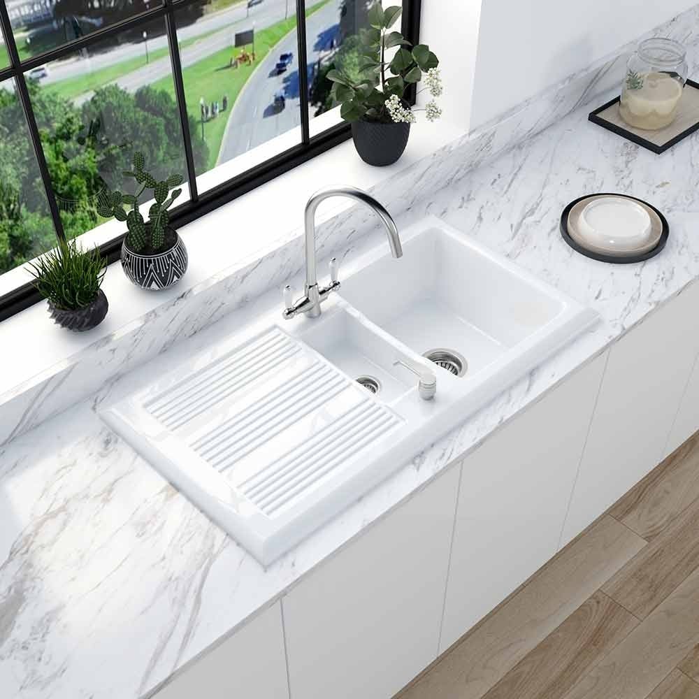 Astini Canterbury 150 1.5 Bowl Gloss White Ceramic Kitchen Sink & Colonial Tap