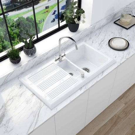 Astini Canterbury 150 1.5 Bowl Gloss White Ceramic Kitchen Sink & Colonial Tap