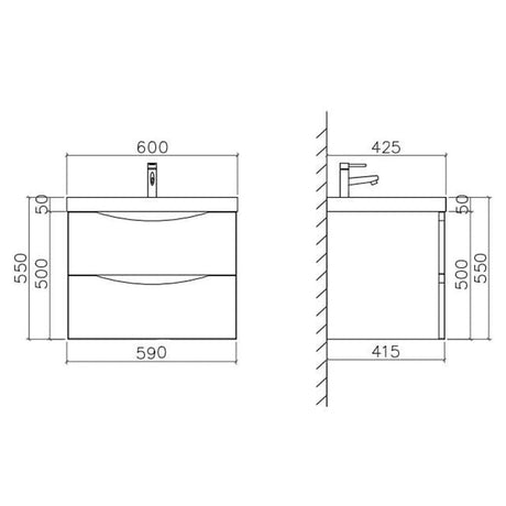 Astini Naples Smile White Wall Hung 600mm Two Drawer Vanity Unit