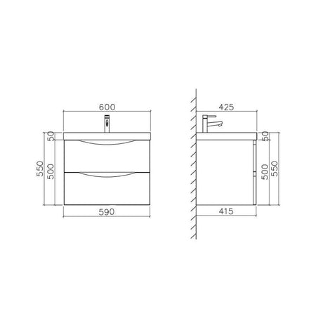 Astini Naples Smile Shadow Grey 2 Drawer Wall Hung 600mm Vanity & Basin