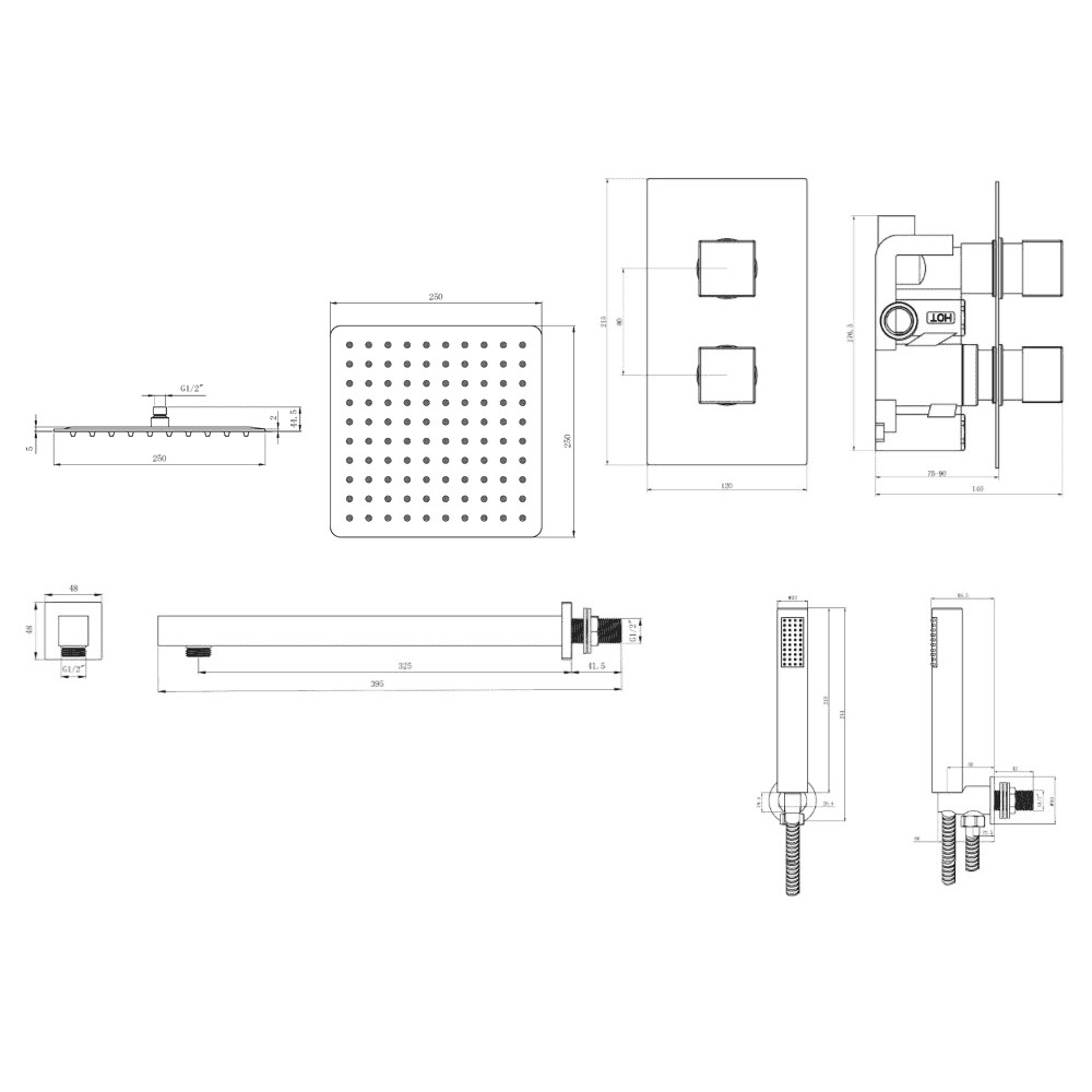 Astini Brushed Brass Square Concealed Thermostatic 2 Handle 2 Way Shower Valve Kit