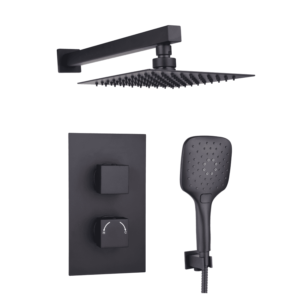 Astini Orca Black Square Concealed Thermostatic 2 Handle 2 Way Shower Valve Kit