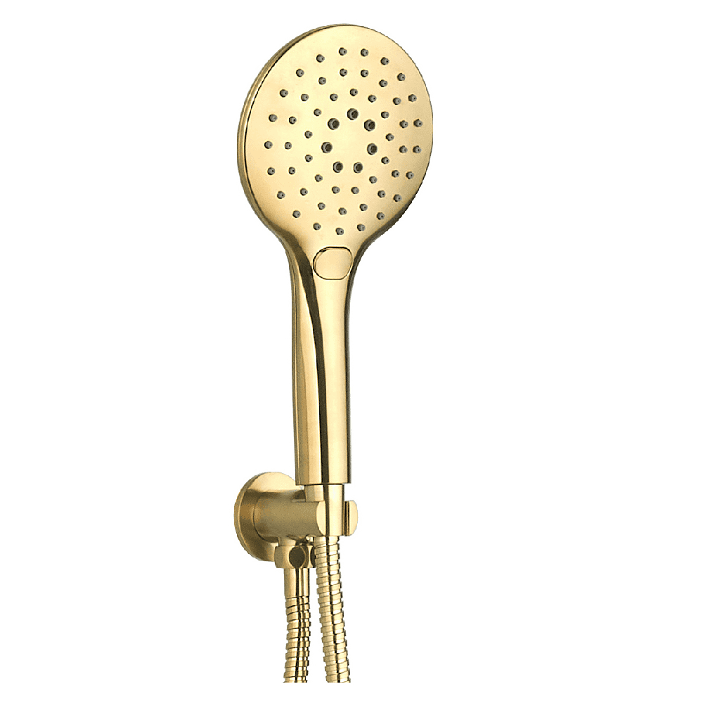 Astini Brushed Brass Round Wall Outlet Elbow with Bracket, Hose & Hand Shower