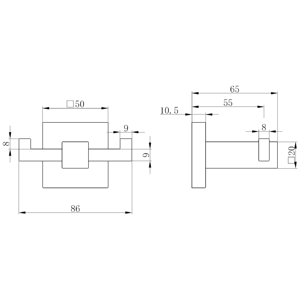 Astini Sydney Matte Black Square Double Robe Hook