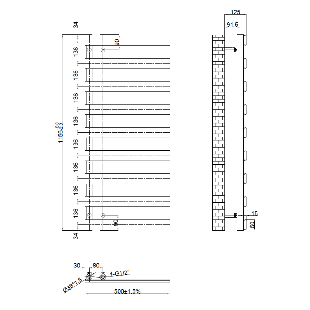 Astini Milton Brushed Brass 1156x500 Designer Offset Towel Radiator