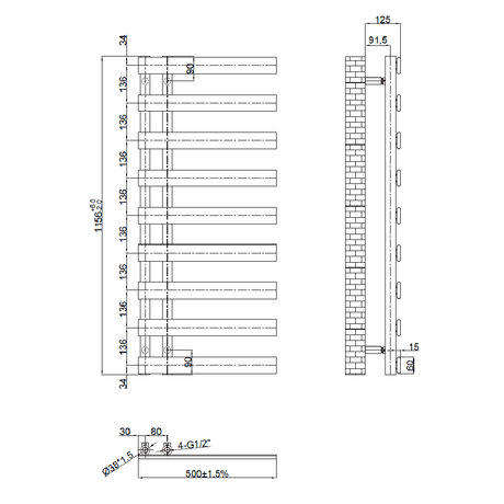 Astini Milton Brushed Brass 1156x500 Designer Offset Towel Radiator