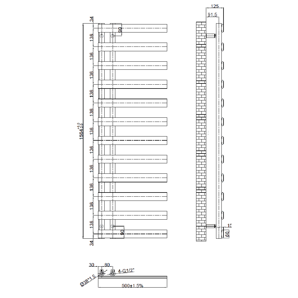 Astini Milton Chrome 1564x500 Designer Offset Towel Radiator