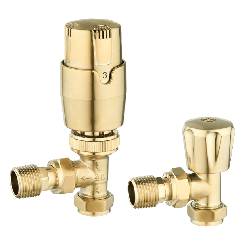 Astini Thermostatic Controlled Brushed Brass Angled Radiator Valves