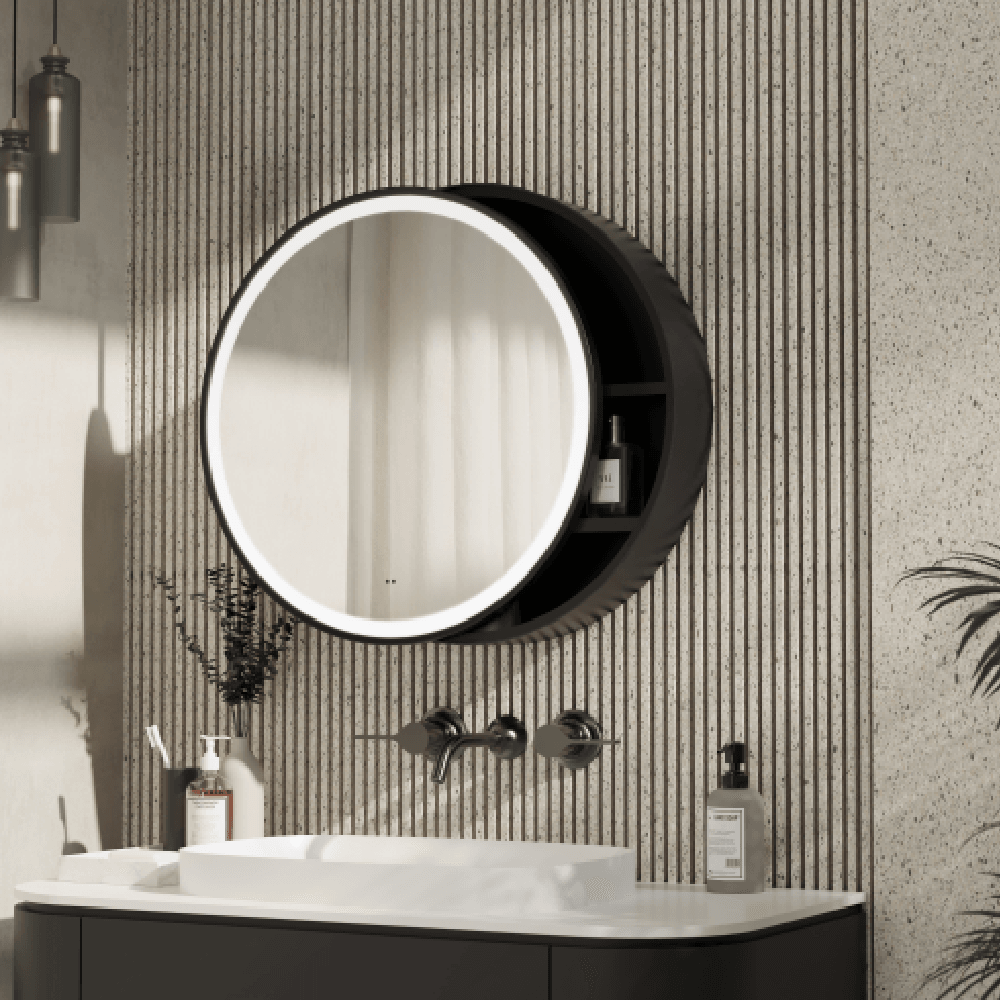 Astini Monty Round Black Single Door LED Mirror Cabinet