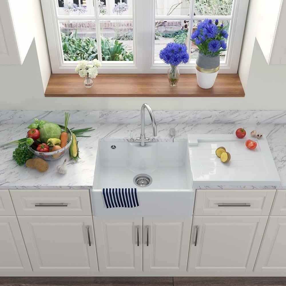 Astini Grooved Ceramic Gloss White Belfast Butler Kitchen Sink Worktop Drainer