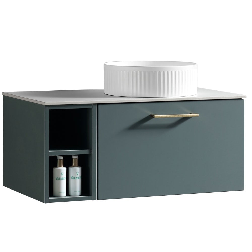 Astini Piatta 800mm Smoked Sage Wall Hung Right Hand Side Storage Vanity Unit With Counter Top