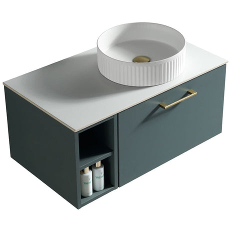 Astini Piatta 800mm Smoked Sage Wall Hung Right Hand Side Storage Vanity Unit With Counter Top