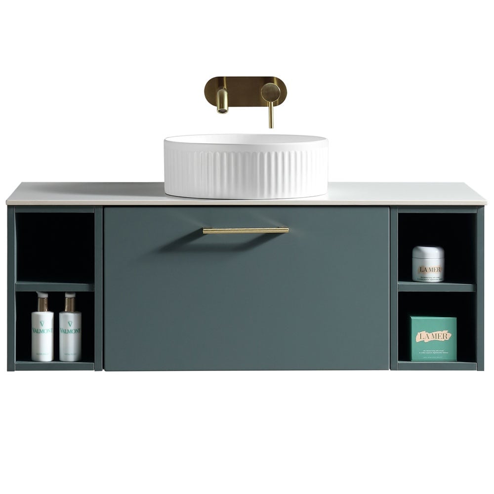 Astini Piatta 1000mm Smoked Sage Wall Hung 2 Side Storage Vanity Unit With Counter Top