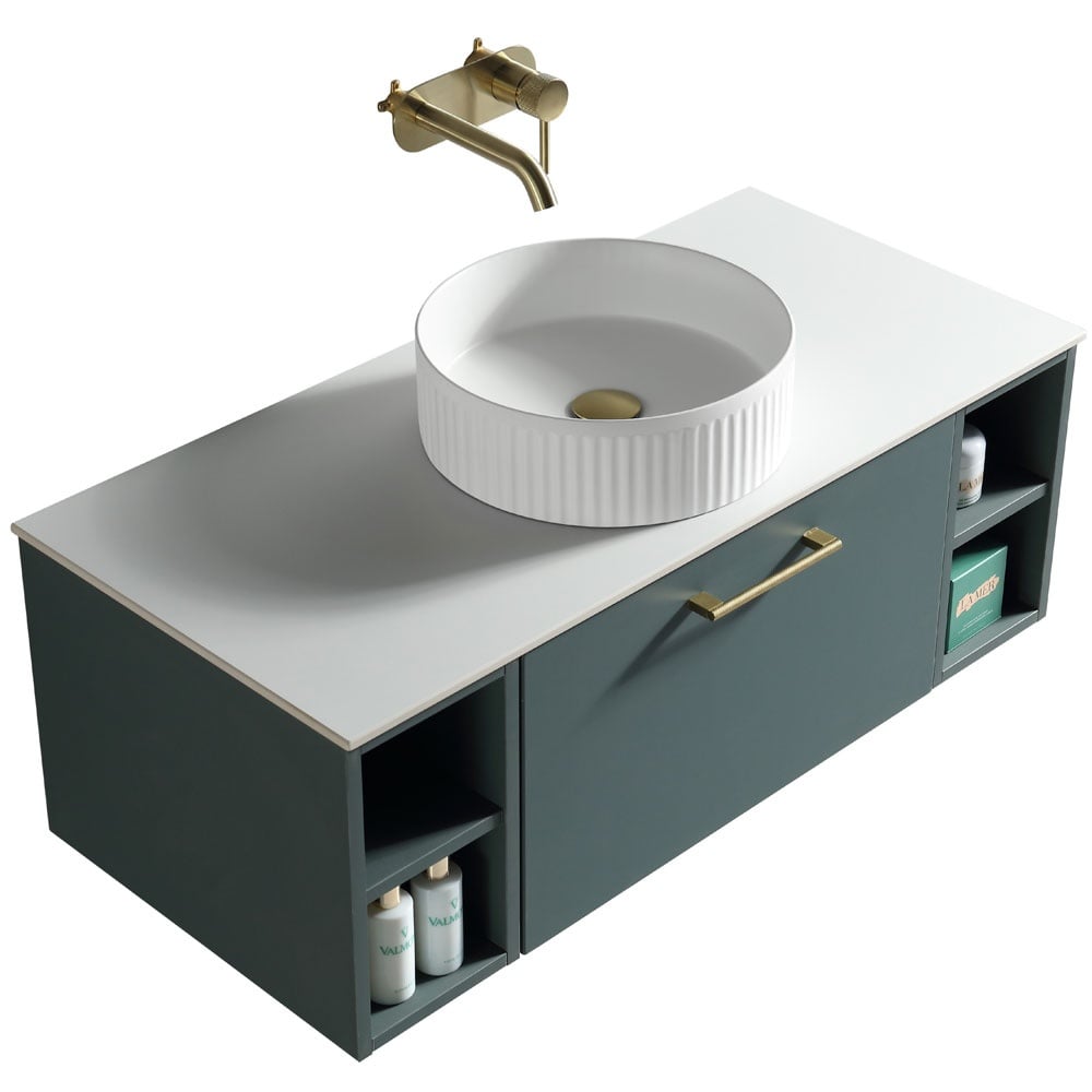 Astini Piatta 1000mm Smoked Sage Wall Hung 2 Side Storage Vanity Unit With Counter Top