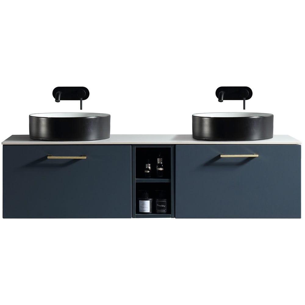 Astini Piatta 1400mm Midnight Shadow Wall Hung Double Vanity W/ Storage Box & Counter Top