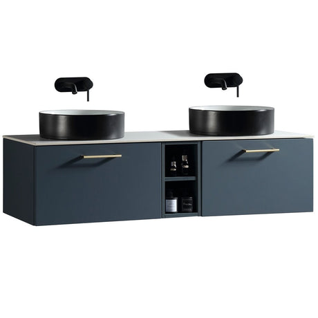 Astini Piatta 1400mm Midnight Shadow Wall Hung Double Vanity W/ Storage Box & Counter Top