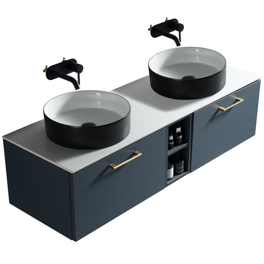 Astini Piatta 1400mm Midnight Shadow Wall Hung Double Vanity W/ Storage Box & Counter Top