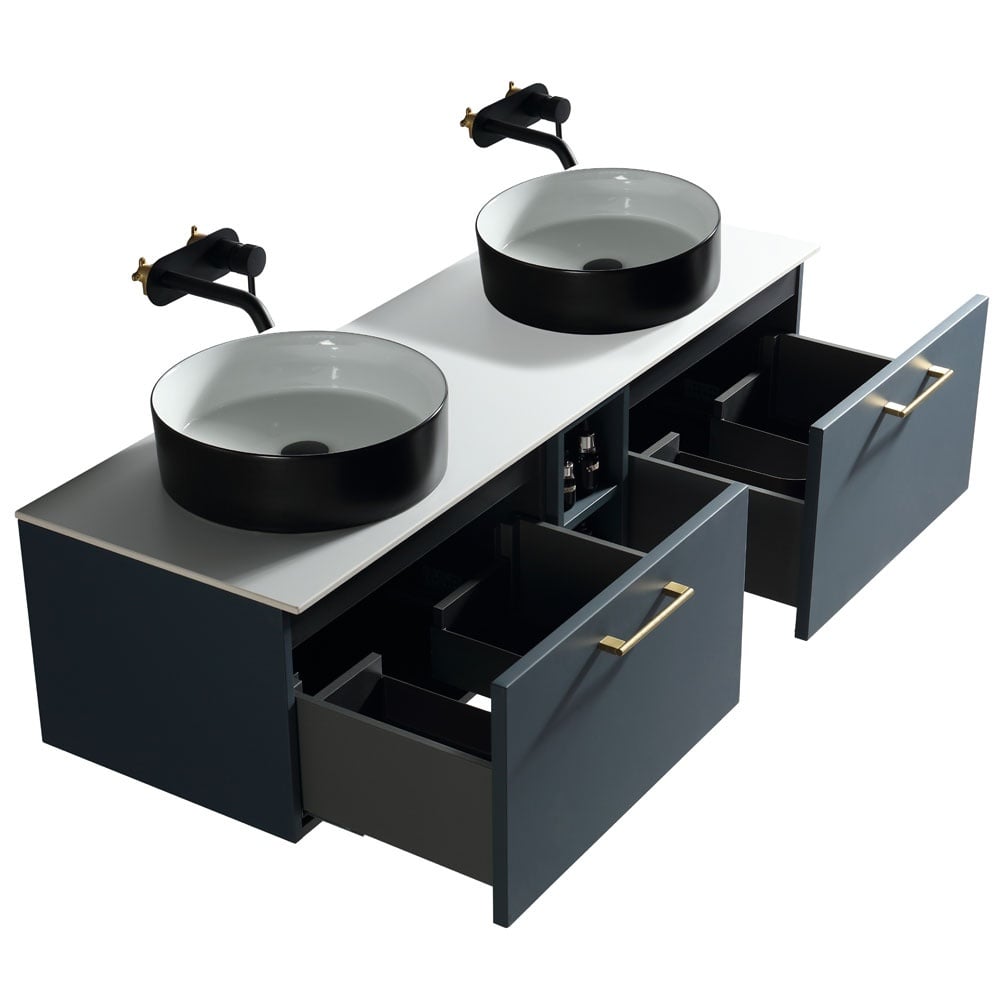 Astini Piatta 1400mm Midnight Shadow Wall Hung Double Vanity W/ Storage Box & Counter Top