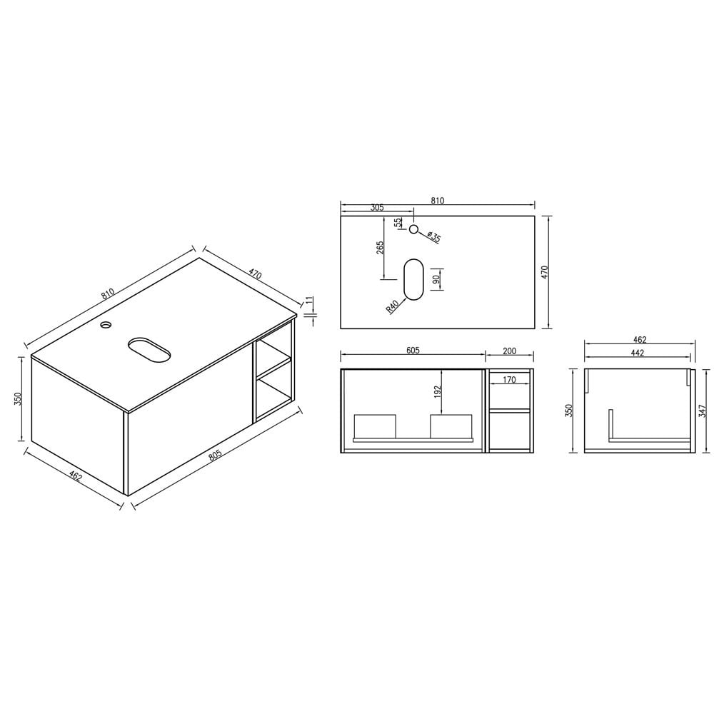 Astini Flauto 800mm Wall Hung Vanity W/ Side Storage & LH Counter Top