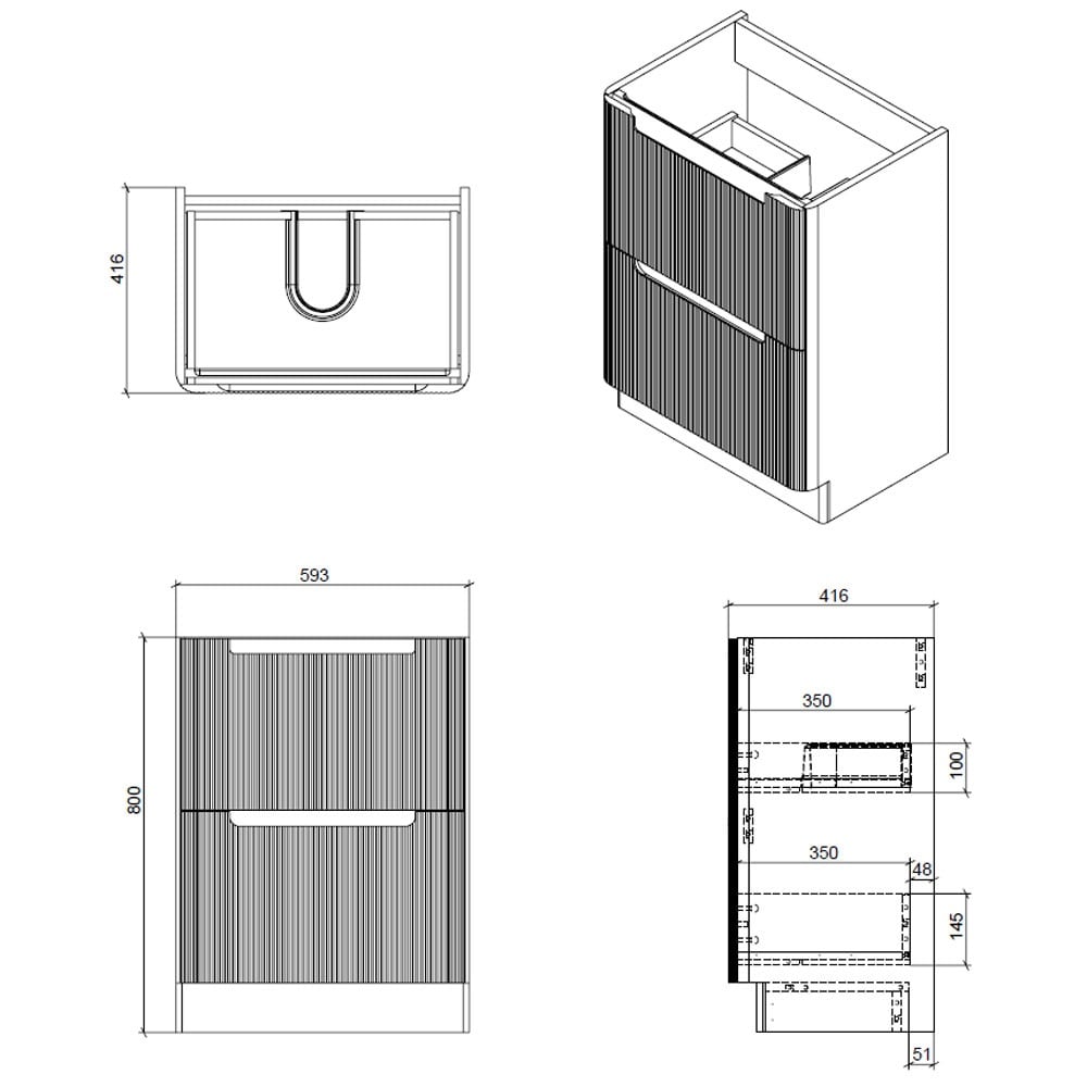 Astini Monza 600mm Fluted Gloss Whtie Floor Standing Vanity Unit & Basin