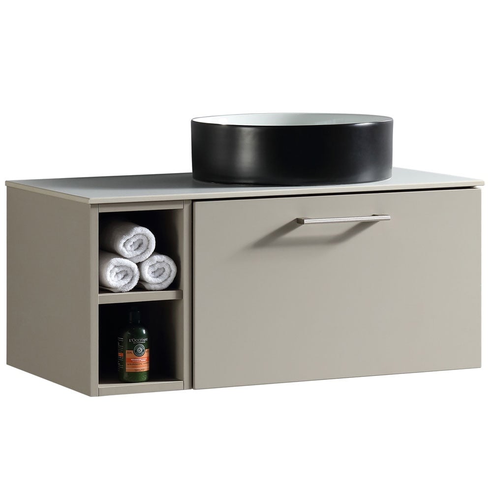 Astini Piatta 800mm Soft Coffee Wall Hung Right Hand Side Storage Vanity Unit With Counter Top