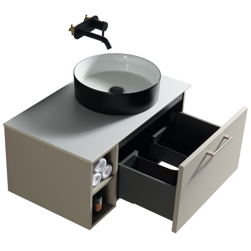 Astini Piatta 800mm Soft Coffee Wall Hung Right Hand Side Storage Vanity Unit With Counter Top